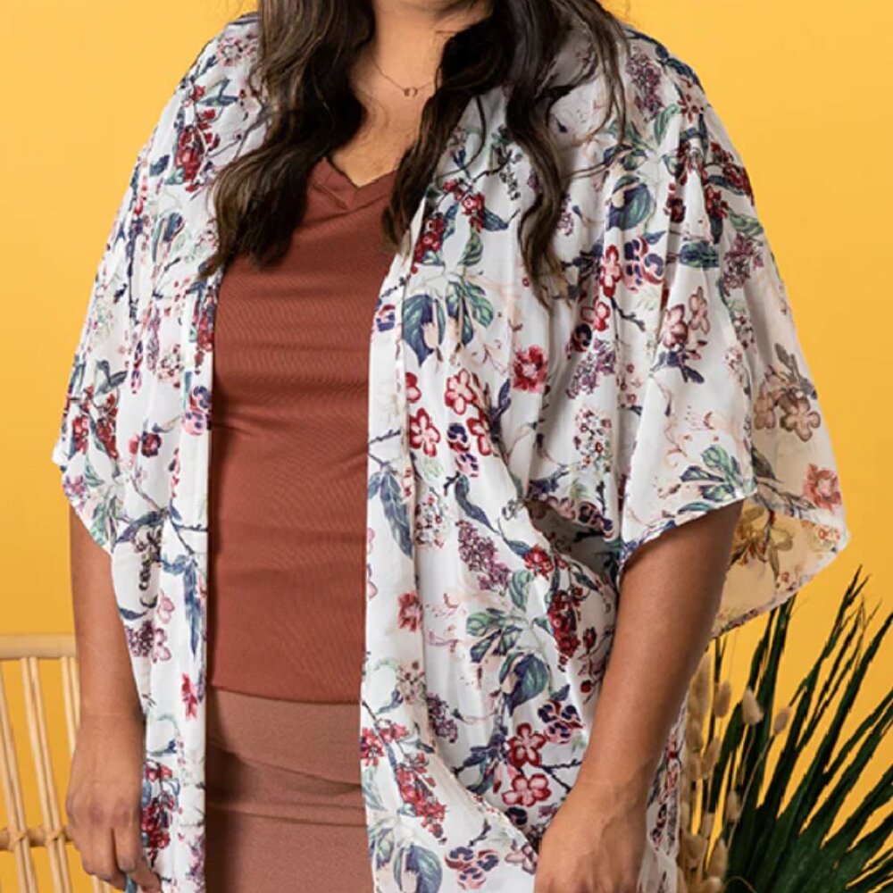 Kimono Jacket Tie Ivory White Floral Sheer XL (fits up to 4X)  LuLaRoe Daphne